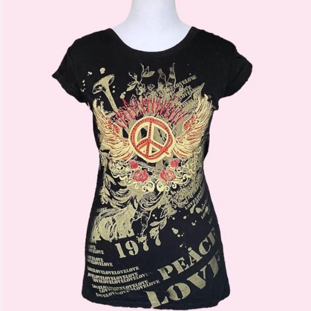 cyber y2k peace sign glitter black graphic tee